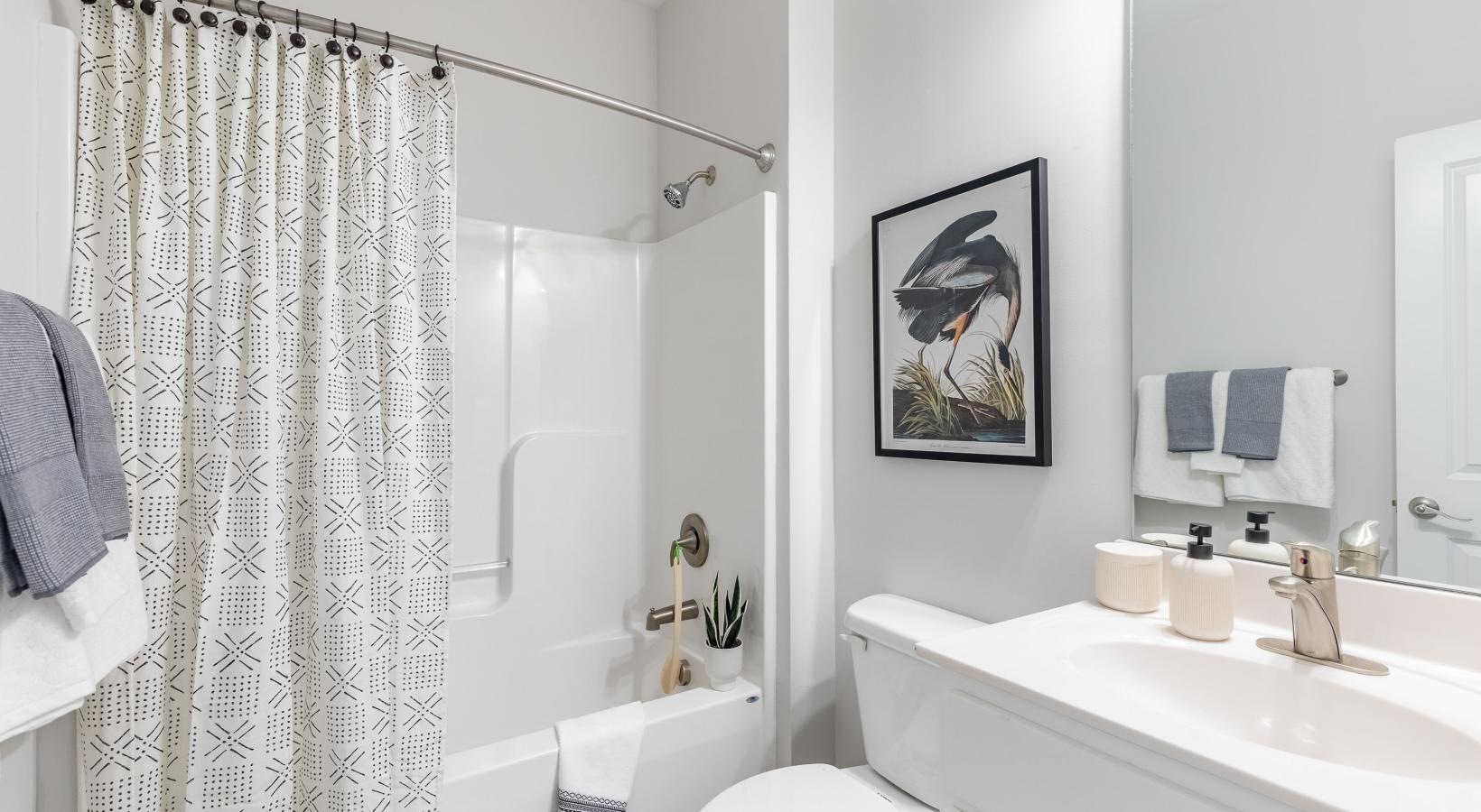 Spacious bathrooms with everything you need a bathroom with a shower curtain