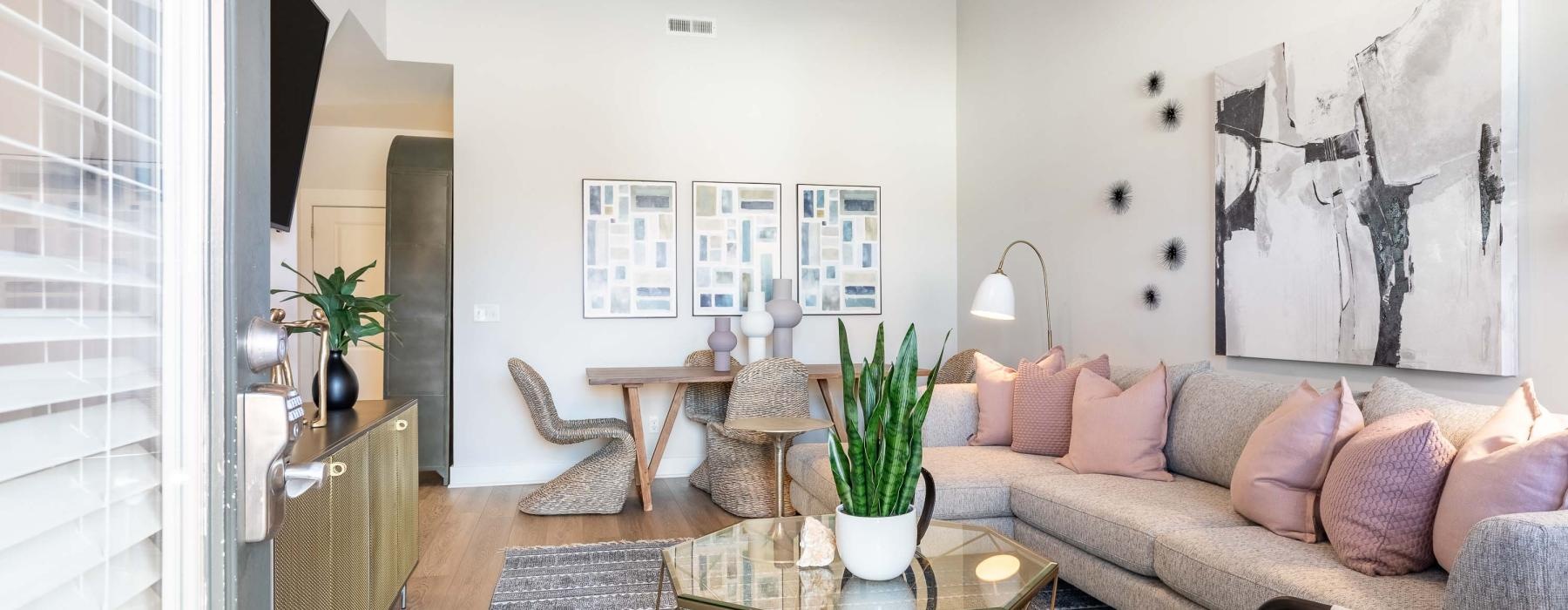 a living room with a couch and a coffee table